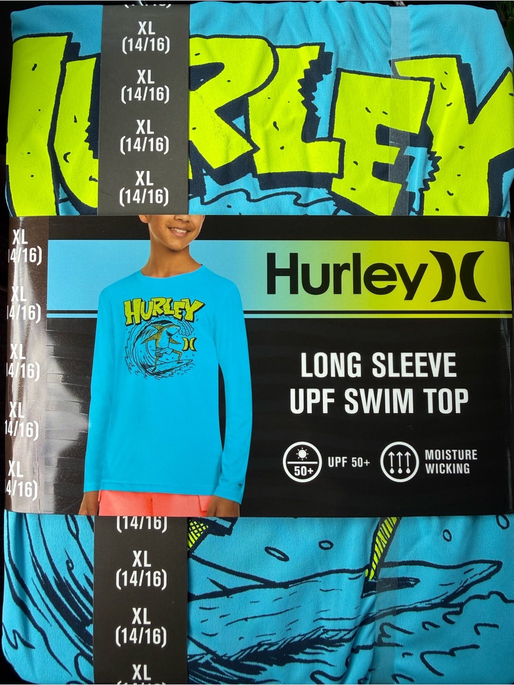 Hurley Kids Long Sleeve UPF Swim Rashguard - Bright Blue & Neon Yellow Graphic